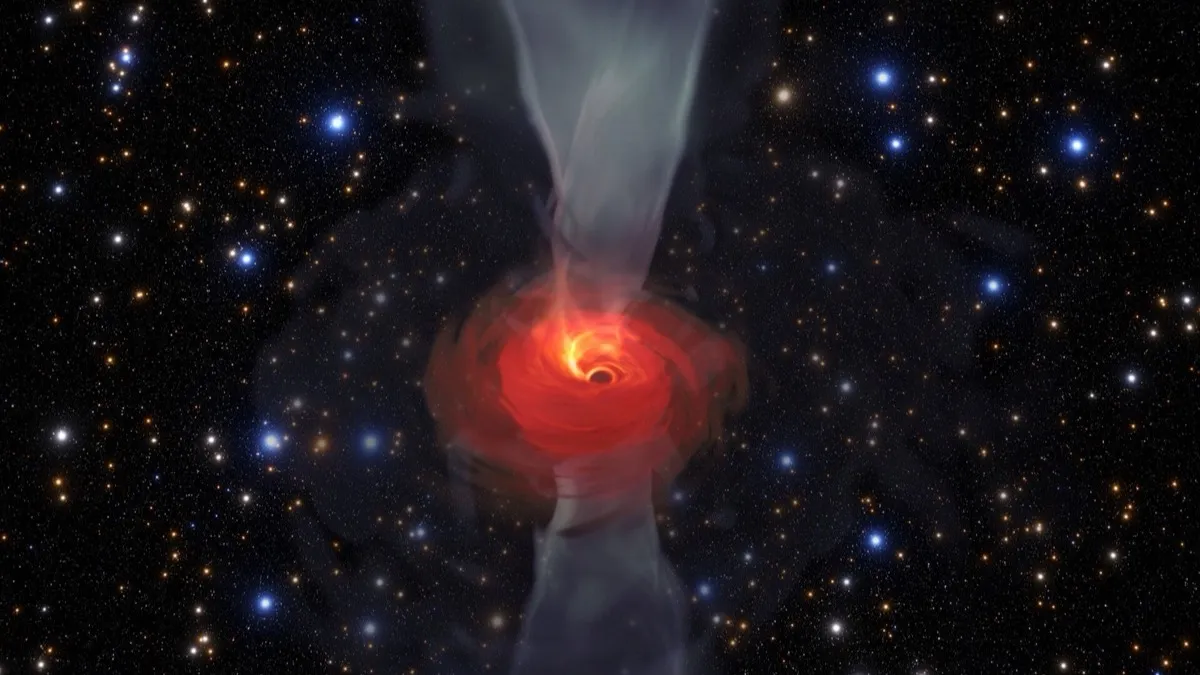 Simulación de un agujero negro supermasivo con su disco brillante y el anillo de luz curvada