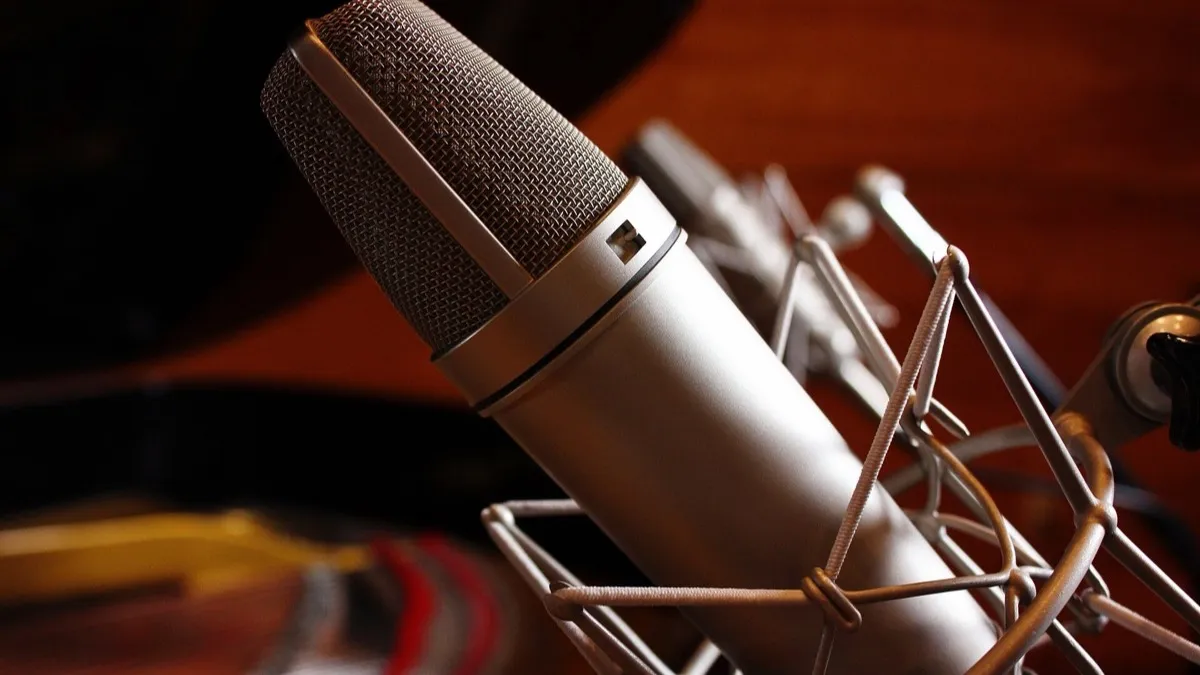 Micrófono de condensador Neumann U87 montado en un estudio de grabación