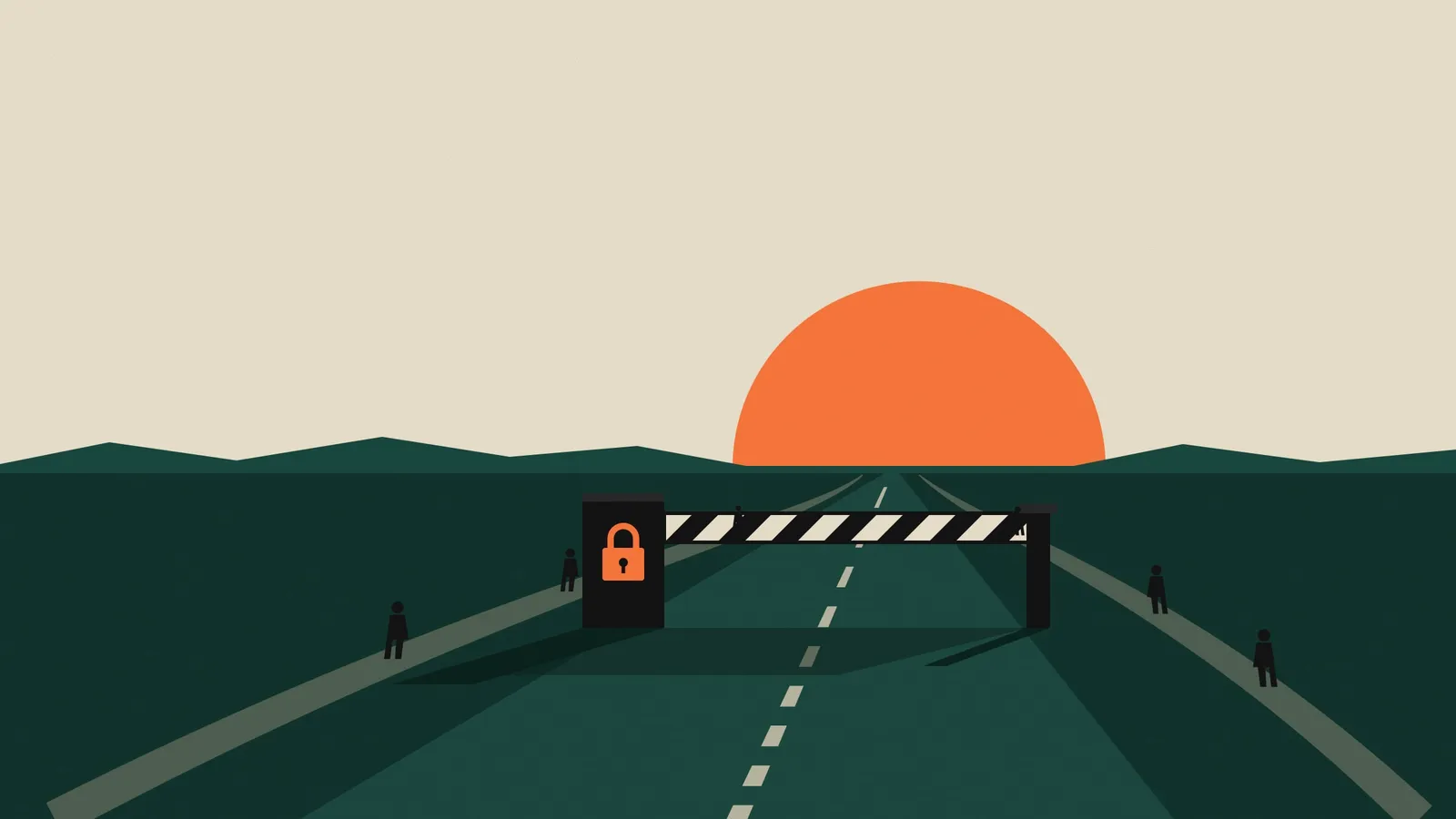 A closed vehicle checkpoint barrier in the middle of a plain, with dirt footpaths going around it on both sides, under an orange sun disc