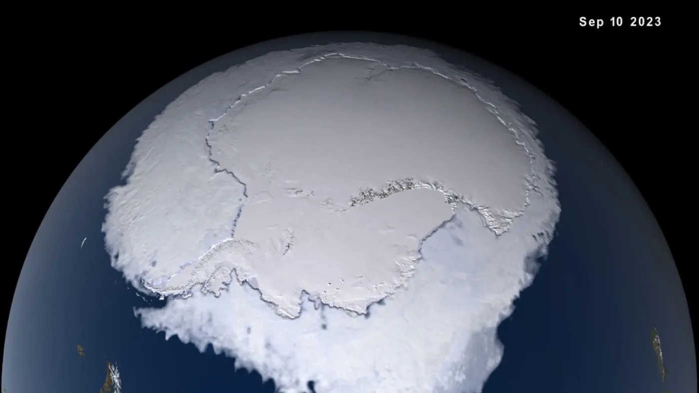 NASA visualization of the maximum extent of Antarctic sea ice in 2023, with the continent at the center