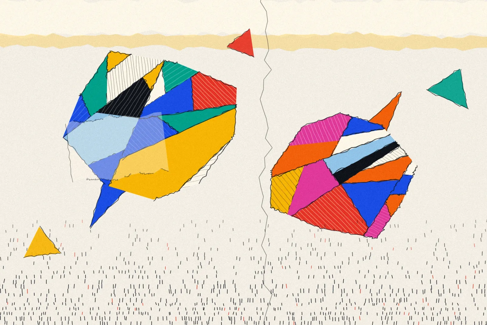 Dos burbujas de conversación, con sus colas hechas pedazos. Ilustración inspirada en Picasso y Joan Miró. Son la misma respuesta bajo las dos condiciones del estudio.