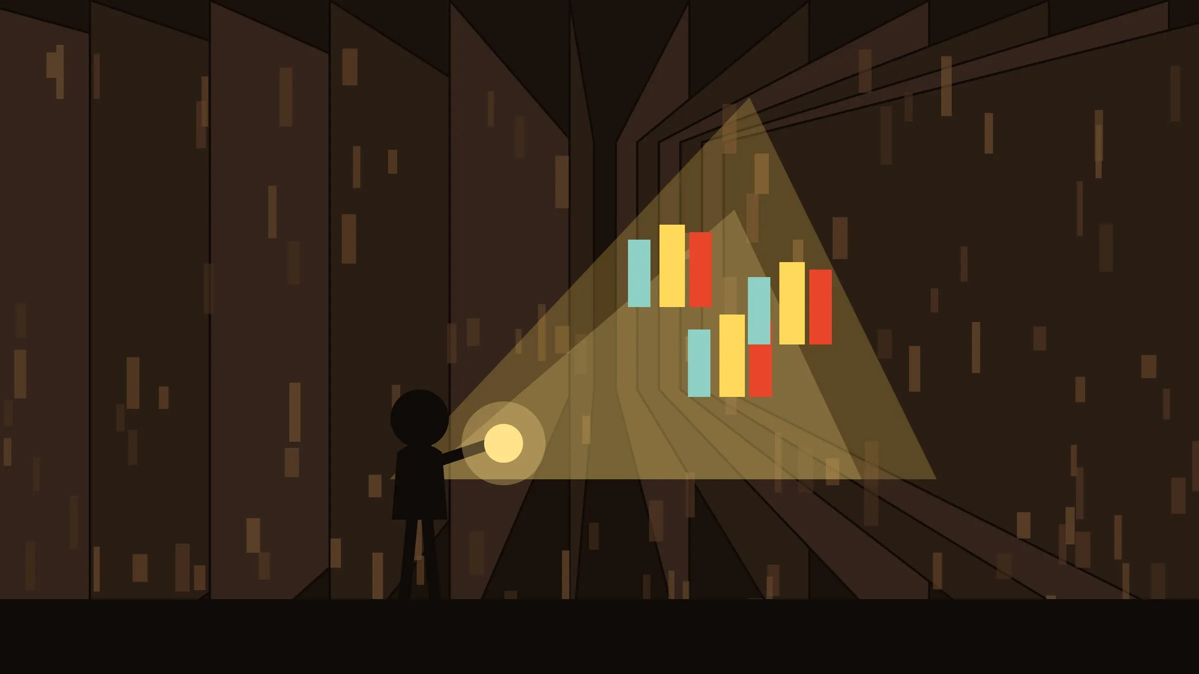 Un pasillo de estanterías que se pierde en la distancia; una persona con una linterna ilumina solo tres libros de colores entre miles en la penumbra.