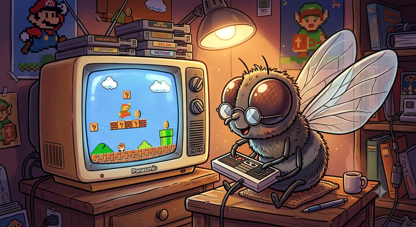 Ilustración de una mosca jugando Súper Mario