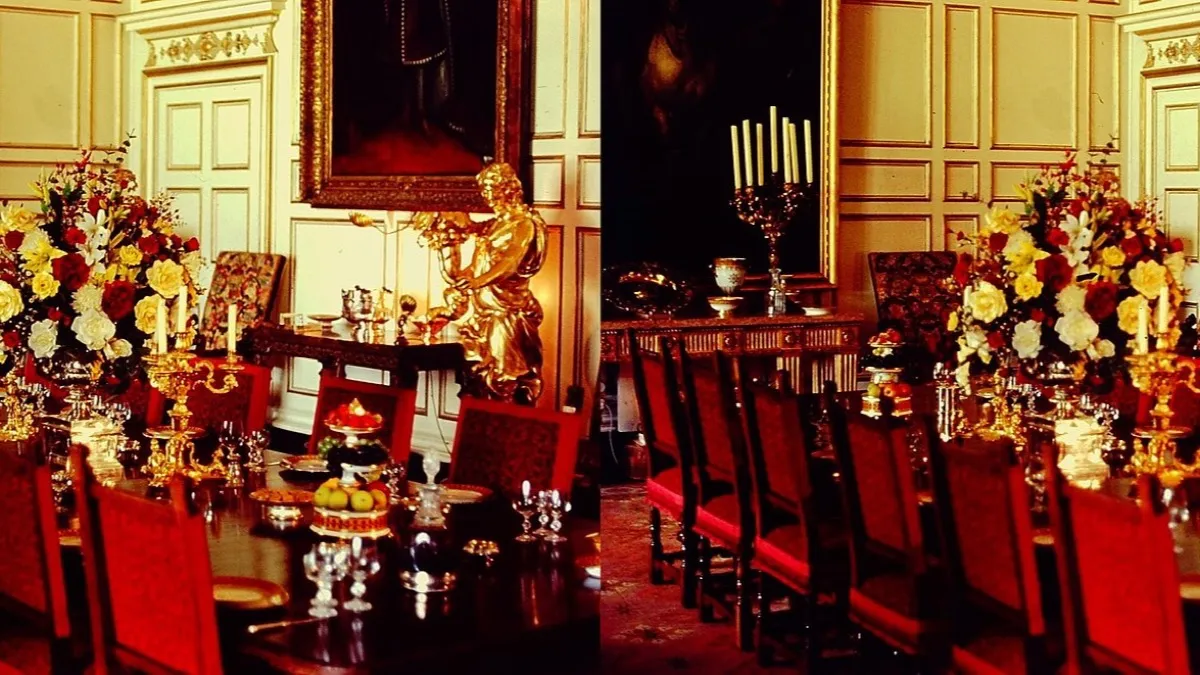 Panorama tridimensional de un comedor con mesa larga, sillas y ventanas en un castillo