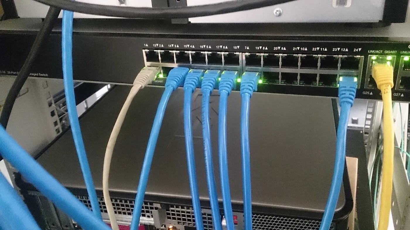 Cables de red conectados a un conmutador en un rack