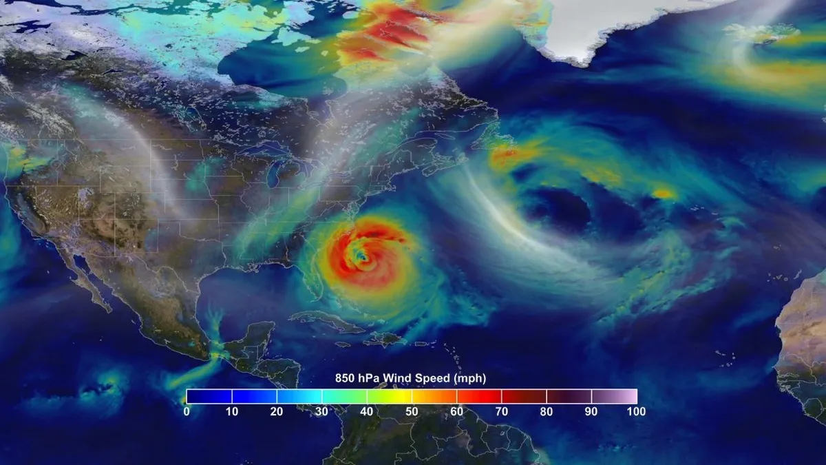 Simulación de la NASA del huracán Sandy con su trayectoria y los vientos del sistema sobre el Atlántico