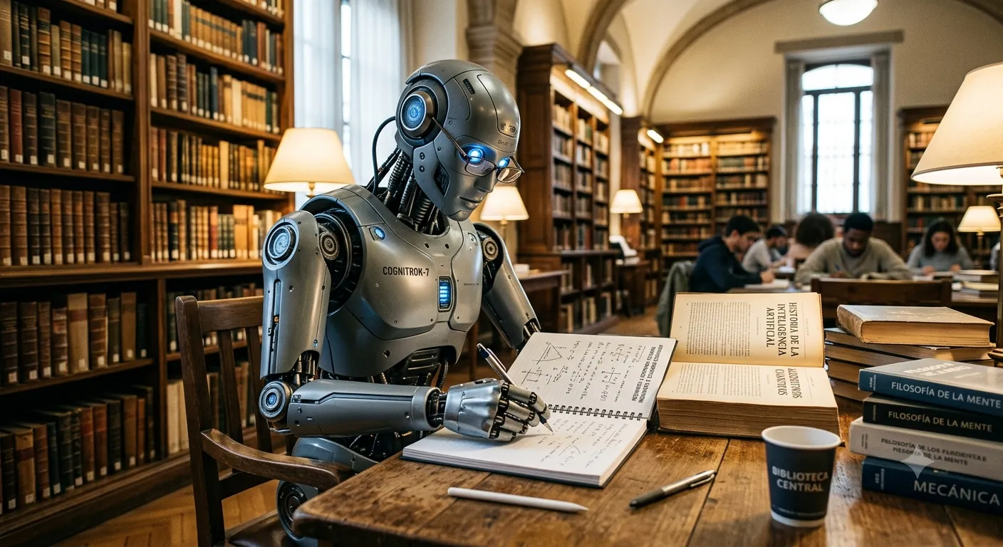 A robot studying in a library.