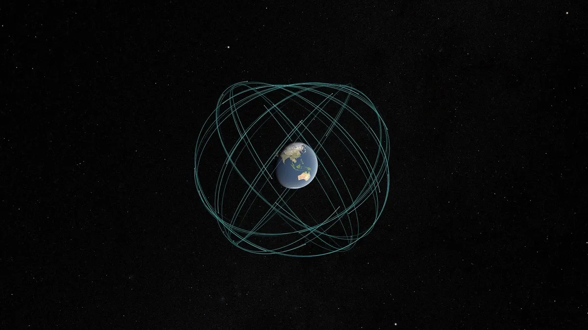 Visualización de la Tierra rodeada por los puntos y las órbitas de los satélites de la constelación GPS de Estados Unidos