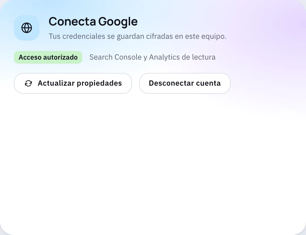 Pantalla de Octos para conectar Google Search Console y Analytics 4.