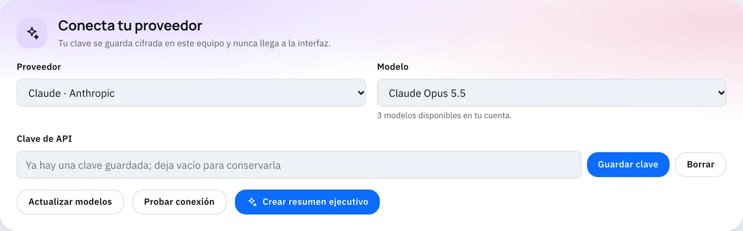 Pantalla de Octos para conectar un proveedor de IA, elegir el modelo y crear un resumen ejecutivo.