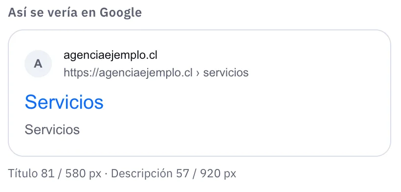 Vista previa «Así se vería en Google» de una página de ejemplo, con el título y la descripción medidos en píxeles.