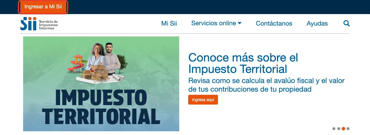 Portada de sii.cl con el botón "Ingresar a Mi Sii" destacado