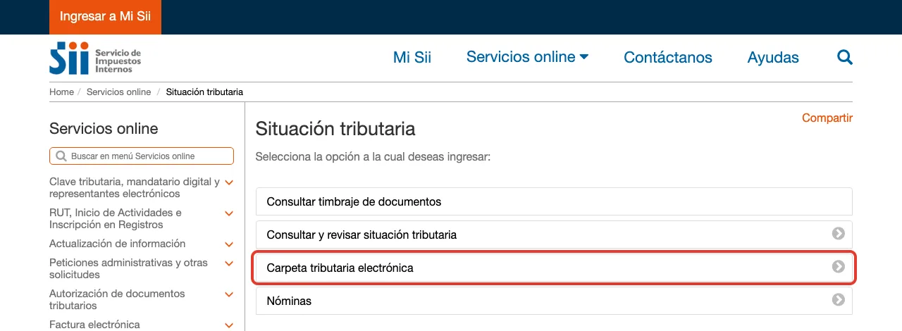 Página Situación tributaria del SII con la opción "Carpeta tributaria electrónica" destacada