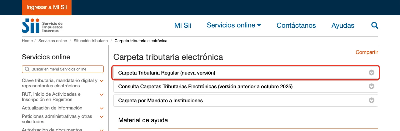 Página Carpeta tributaria electrónica del SII con "Carpeta Tributaria Regular (nueva versión)" destacada